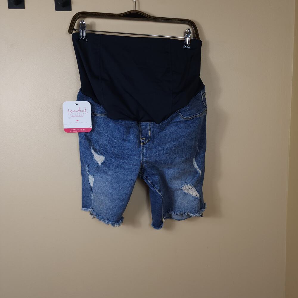 Isabel Maternity Crossover Panel Distressed Bermuda Jean Shorts Size 6